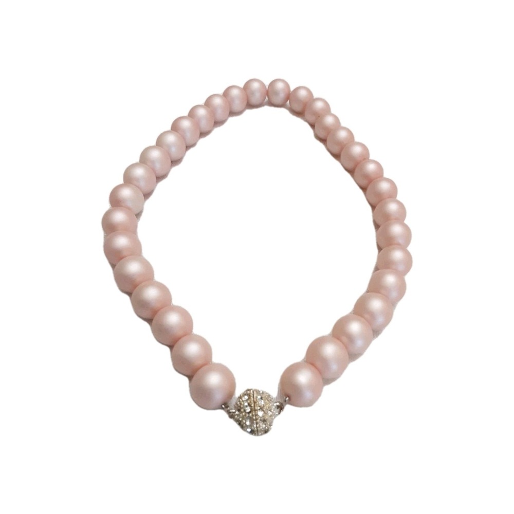 Pink Faux Pearls Necklace Rhinestones Magnetic Closure Classic Elegant Statement